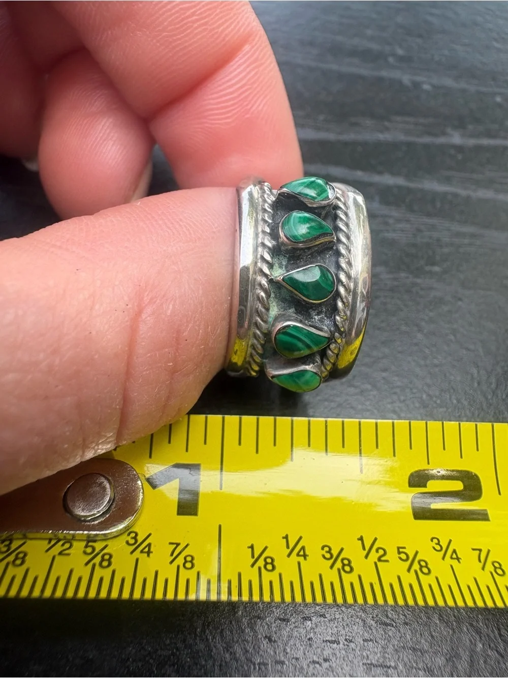 Vintage Navajo Sterling Silver Green Malachite 5 Stone Inlay Ring - Size 8.5